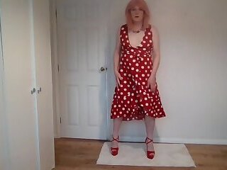 Nude striptease from red polka dress and G-string