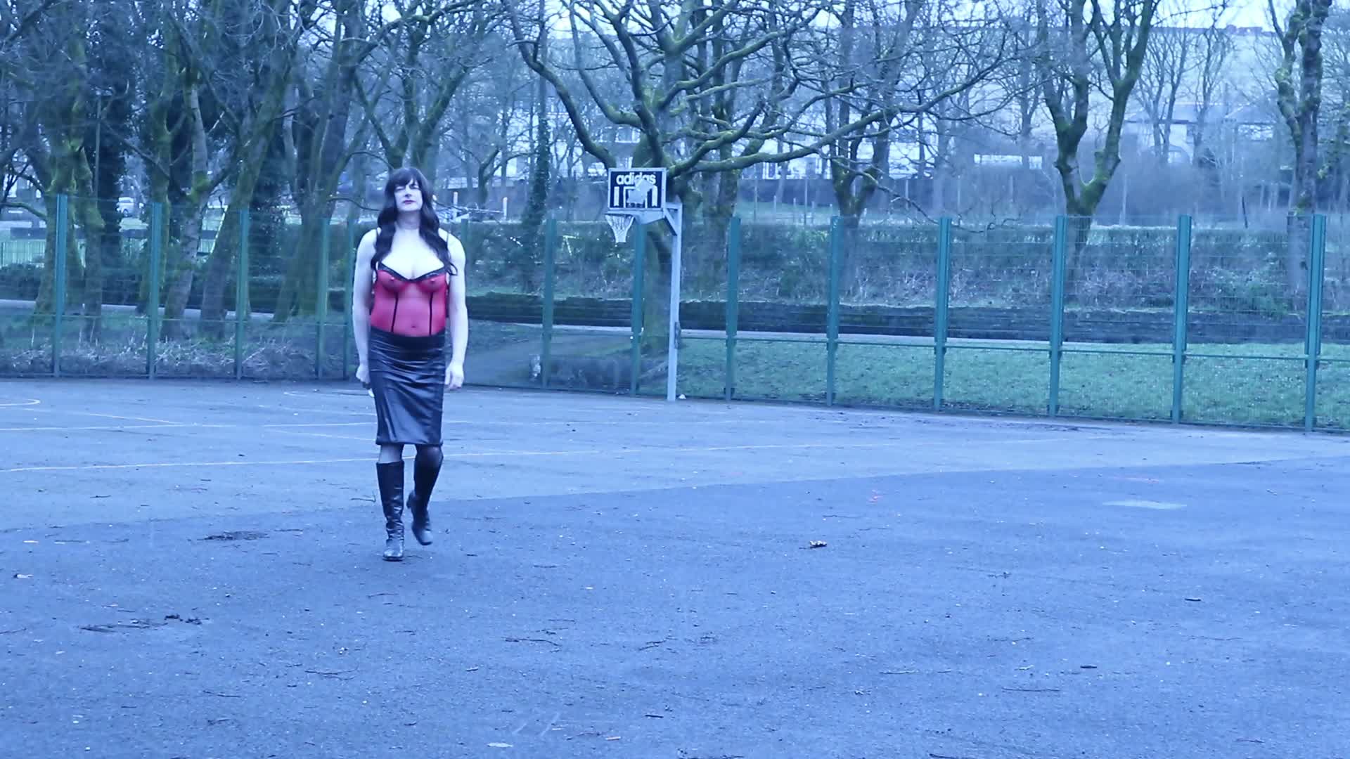 crossdressed outdoors at a skate park