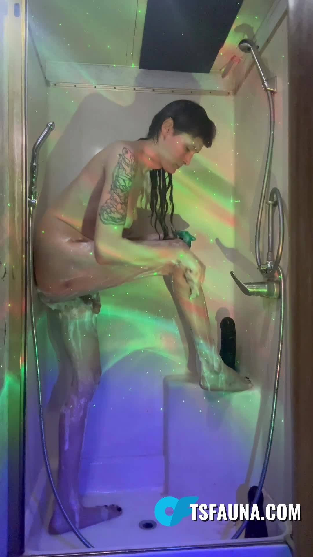 Shemale being Naughty in the Shower with a BBC Dildo