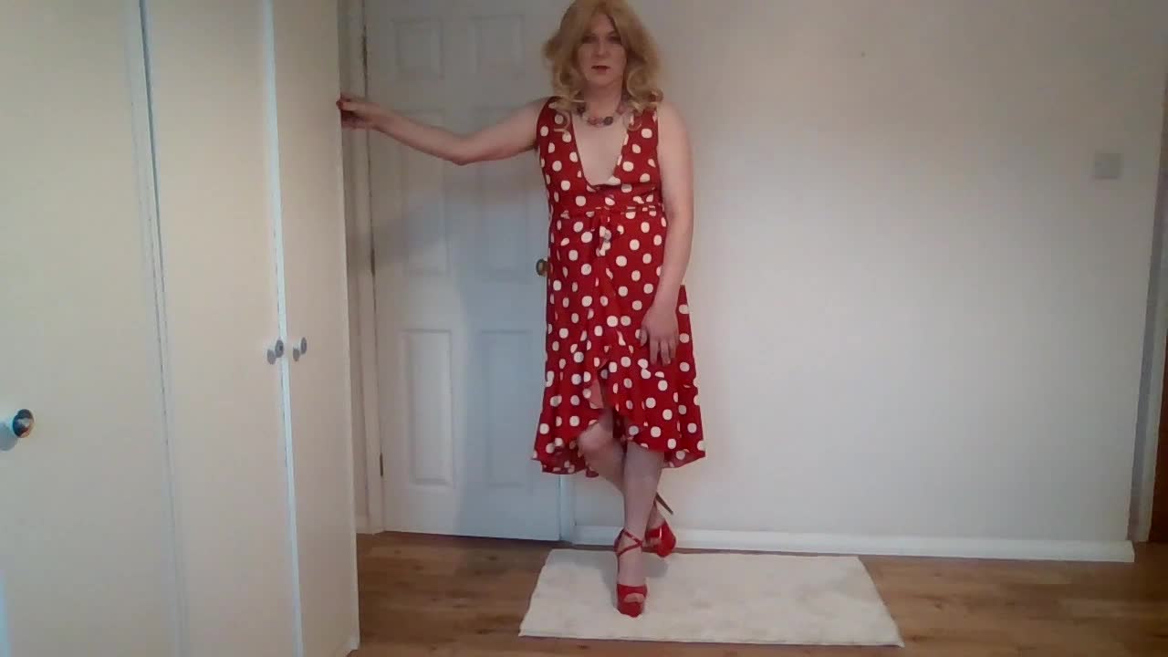 Red dress, high heels and G-string round my ankles